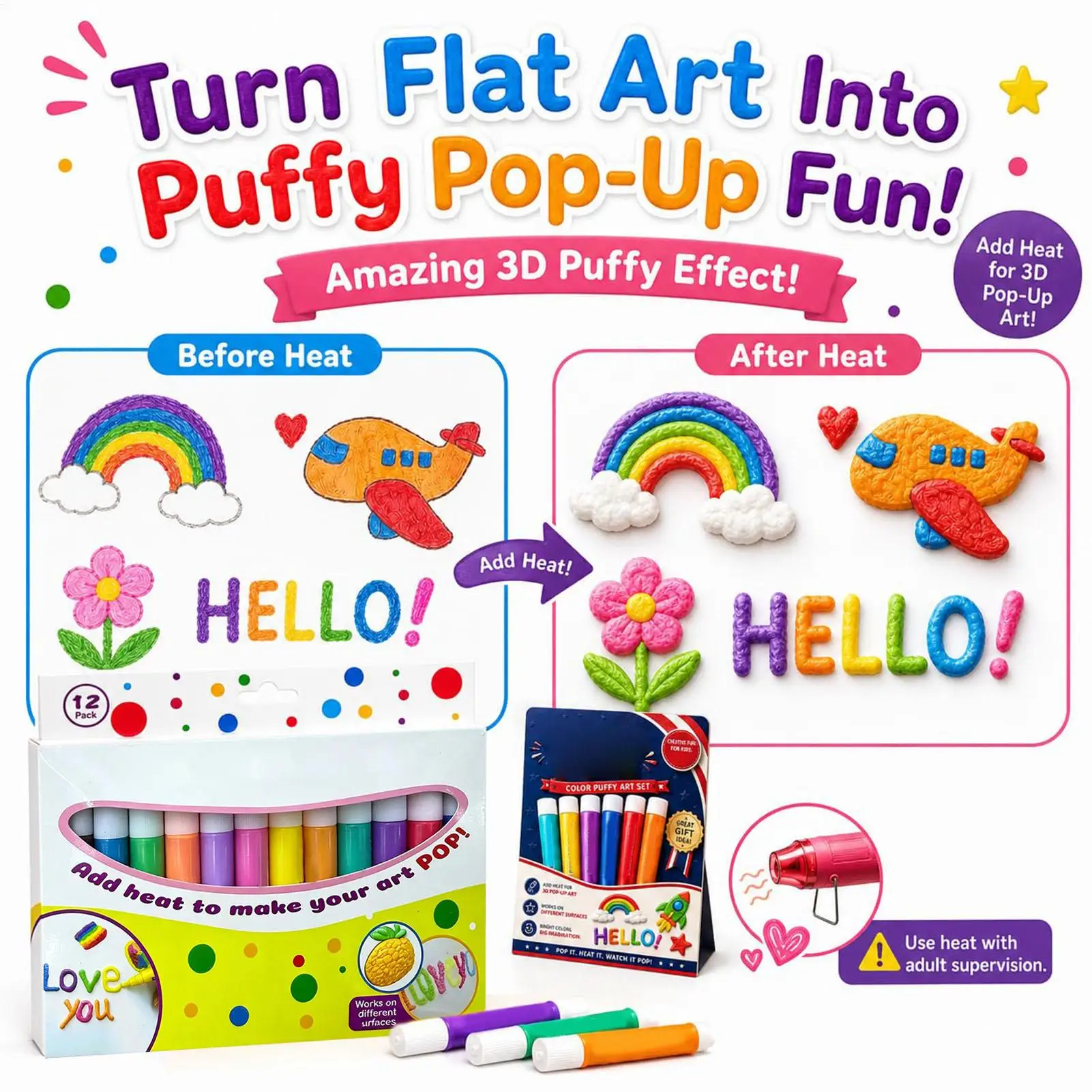 3D Bubble Pen Set Colorful Handmade Heat Activated Painting Markers Bubble Drawing Pen for Kids Boys Girls DIY Crafts Paper Art