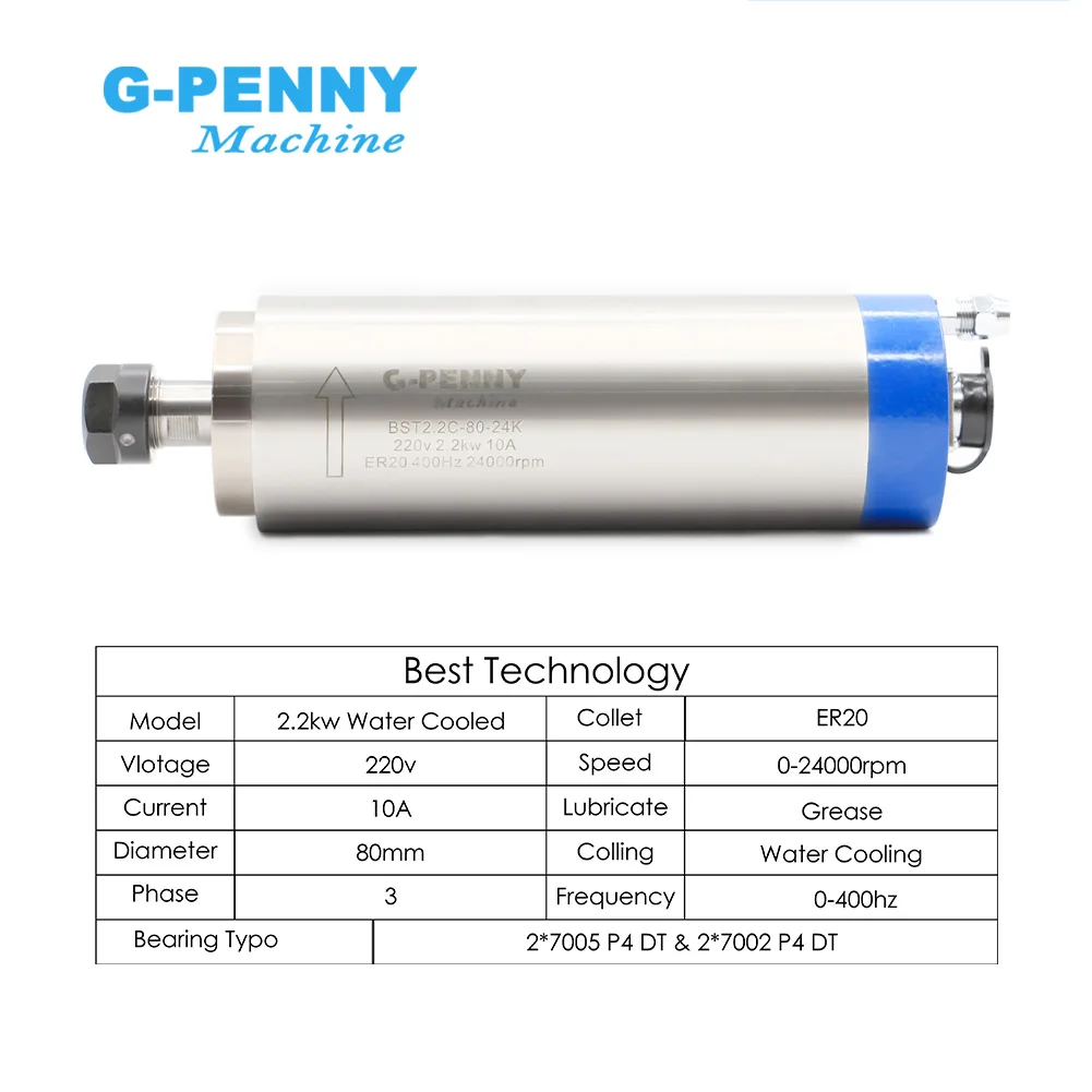 G-Penny 2.2kw ER20 Water Cooled Spindle Kit Water Cooling Spindle & 2.2kw VFD & 80mm Spindle Bracket & 75w Water Pump