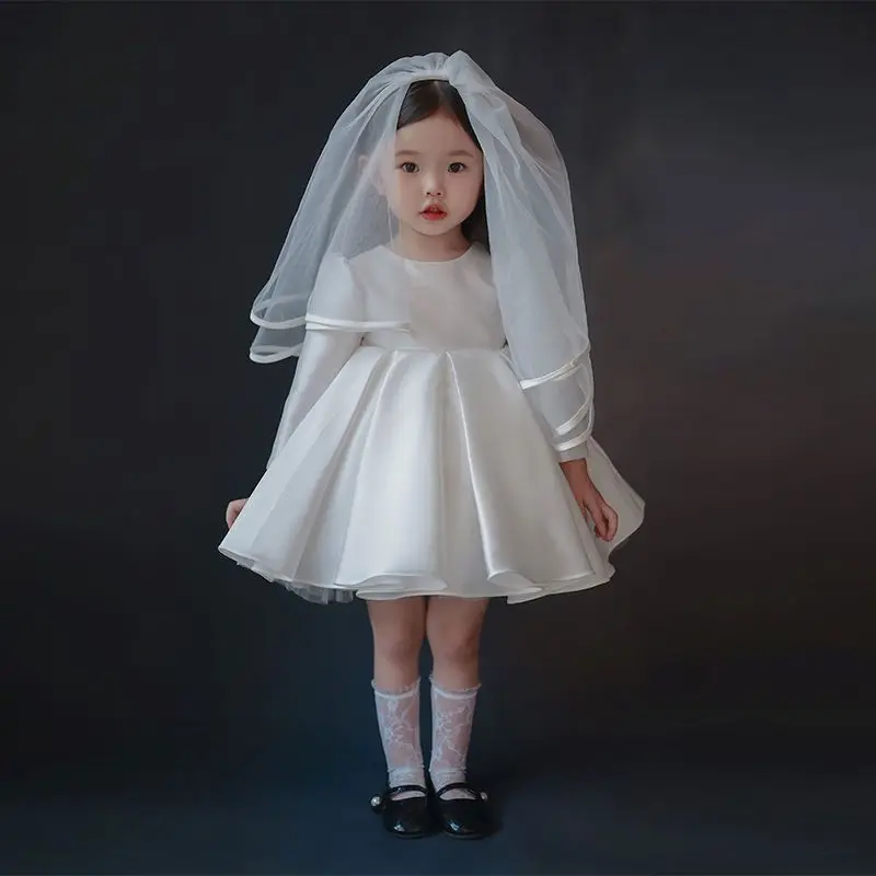 Flower Boy Wedding Short/LongSleeve Little Girl Dress Girls White Round Neck Wedding Dress Children\'s Birthday Princess Dress