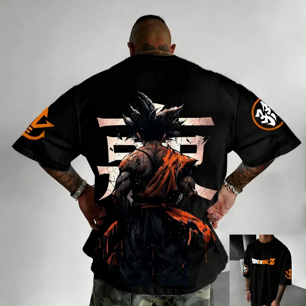 Camiseta de Dragon Ball con estampado de espalda de Goku, espíritu de lucha, personaje chino, capa naranja de algodón, ropa de calle cómoda y holgada de gran tamaño