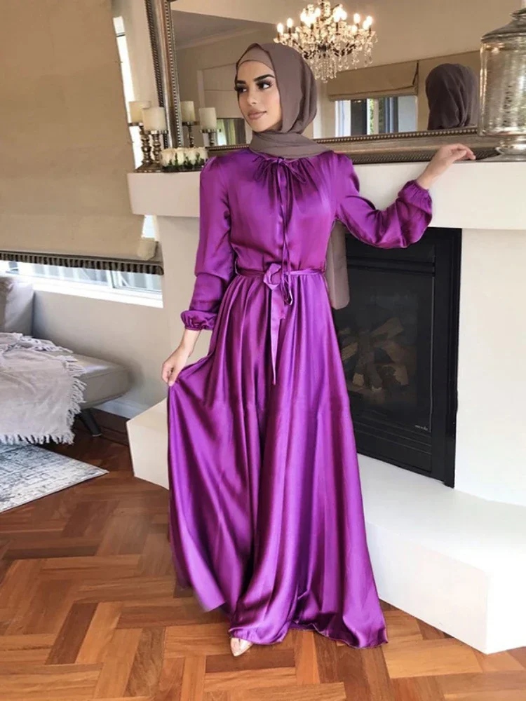 Ramadan Abaya Turchia Abiti in raso di seta per le donne Abaya Robe Longue De Soiree Femme Abito lungo musulmano Vestido Longo Marocco