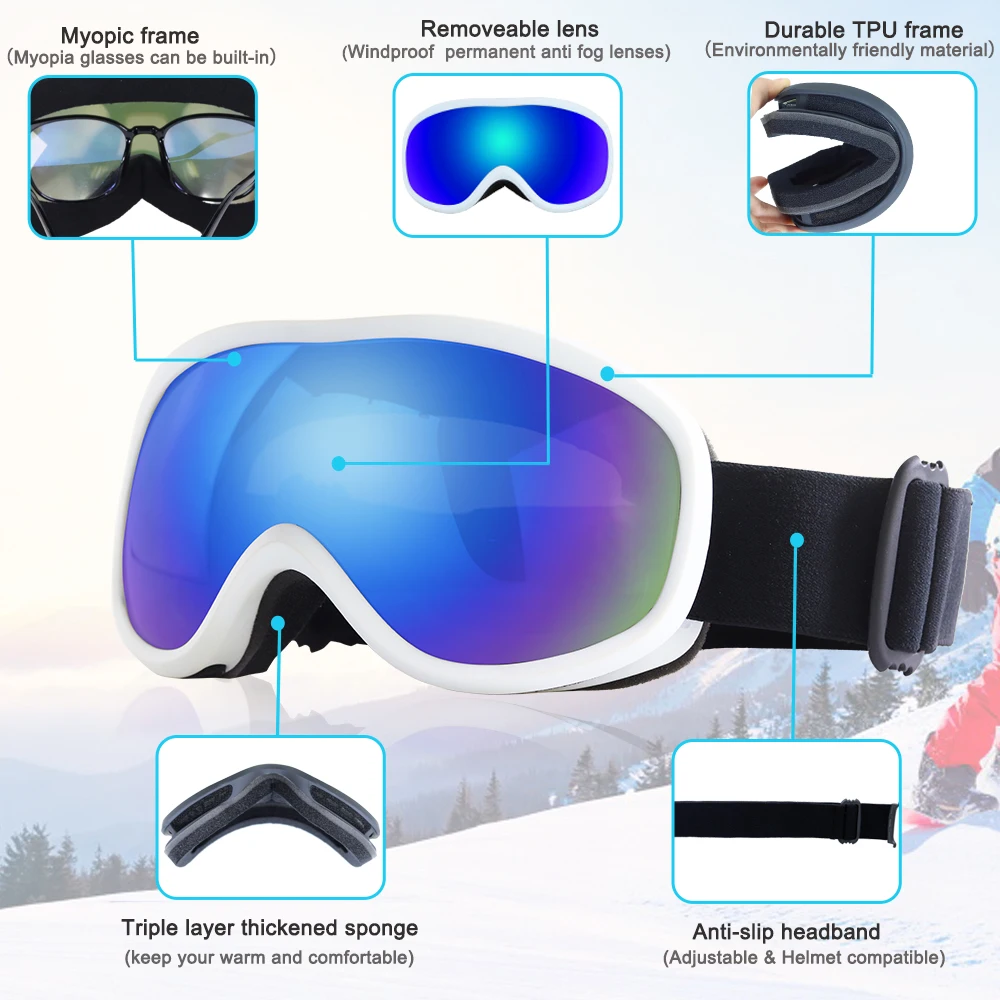 Gafas de esquí antiniebla para hombre y mujer, lentes de moto de nieve, protección UV400, para exteriores, para invierno