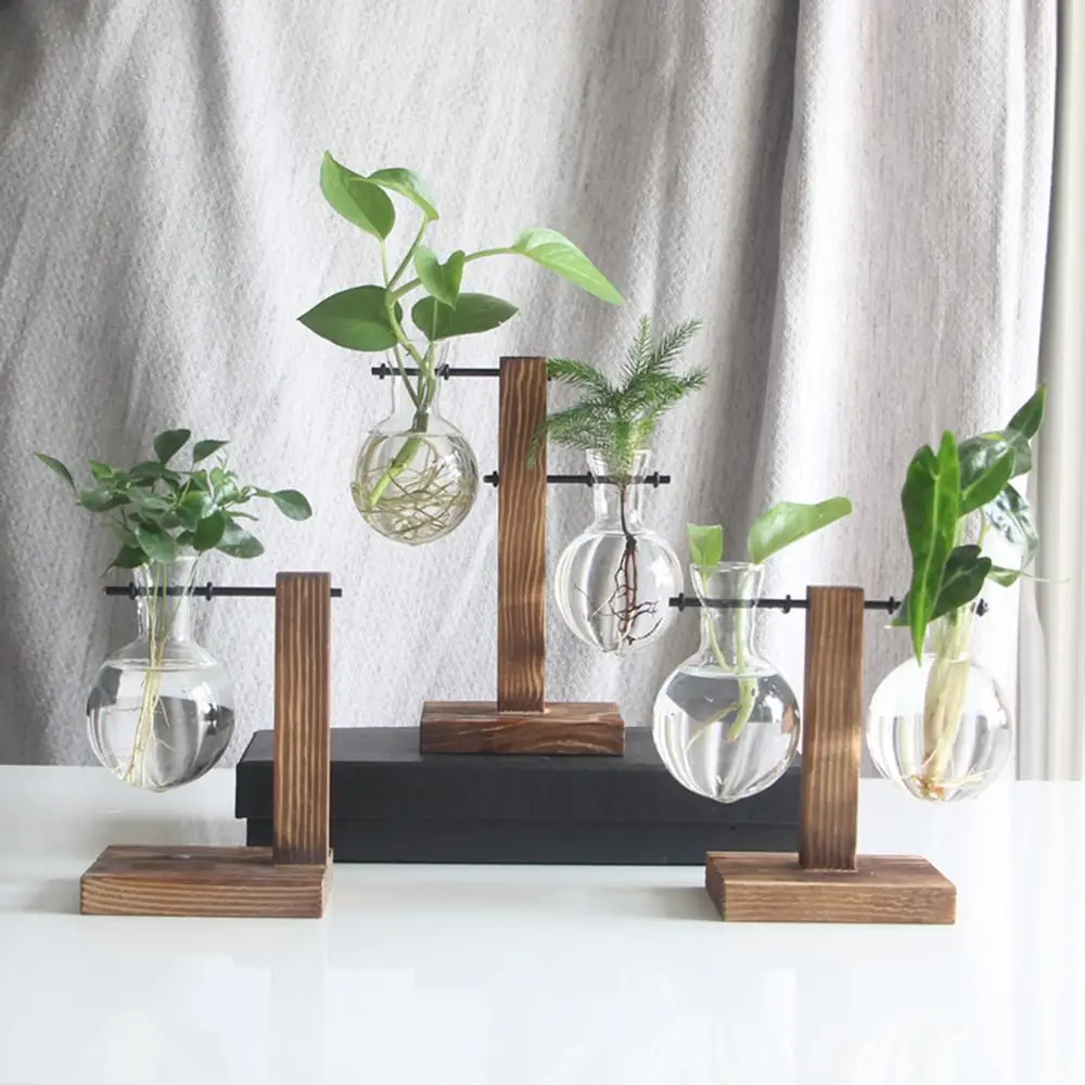 Glass and Wood Vase Planter Terrarium Table Desktop Hydroponics Tray Home Decor Plant Bonsai Flower Pot Hanging Pots with Wooden