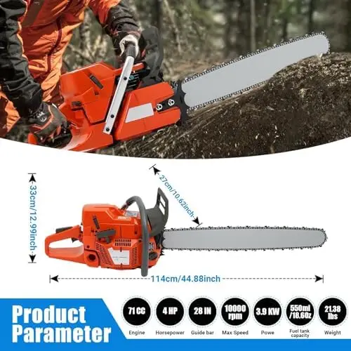 71CC 2-Cycle Power Petrol Chain Saws,28 Inch Gas Powered Chainsaw,4-HP Single Cylinder,Air-Cooled, Chain