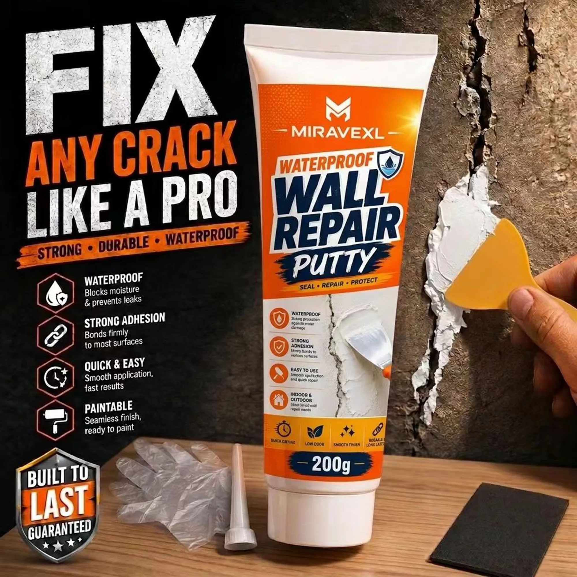 200g Wall Repair Putty, Waterproof Spackling Compound, Quick Dry Hole Mending Kit with Scraper & Sandpaper for DIY Crack Mending
