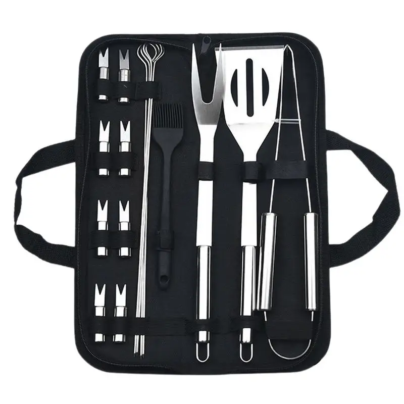 16 Pcs BBQ Tools Outdoor Barbecue Combination Tool Barbecue Utensil Spatula Fork Tongs Knife Brush Skewers Portable Cloth Bag