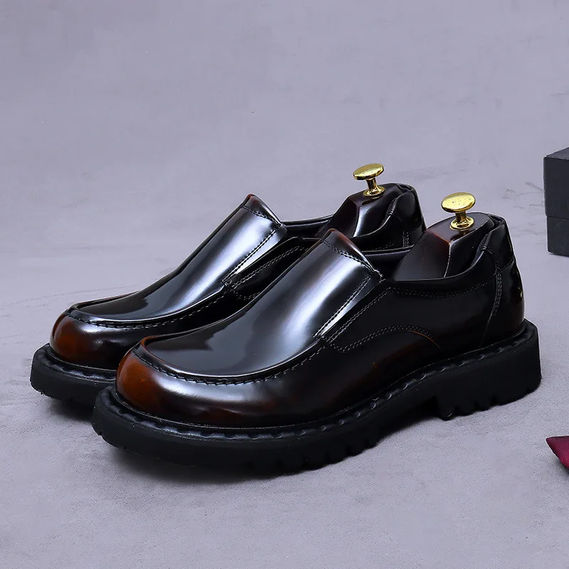 Men's New British Style Genuine Cowhide Leather Loafers | Chunky Platform Shiny Slip-On Shoes | Casual Office Versatile Lazy Foo