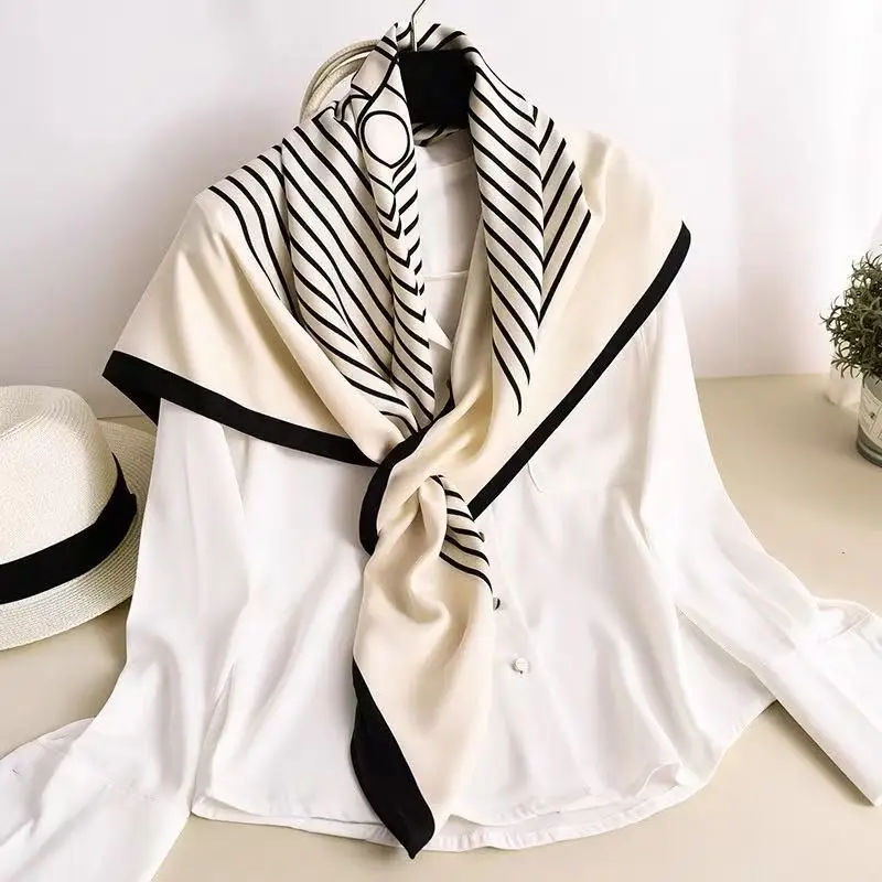 

Minimalist Black White Line Print Silk Scarf Ladies Elegant Satin Neck Scarves Versatile Headband for Office and Daily Wear