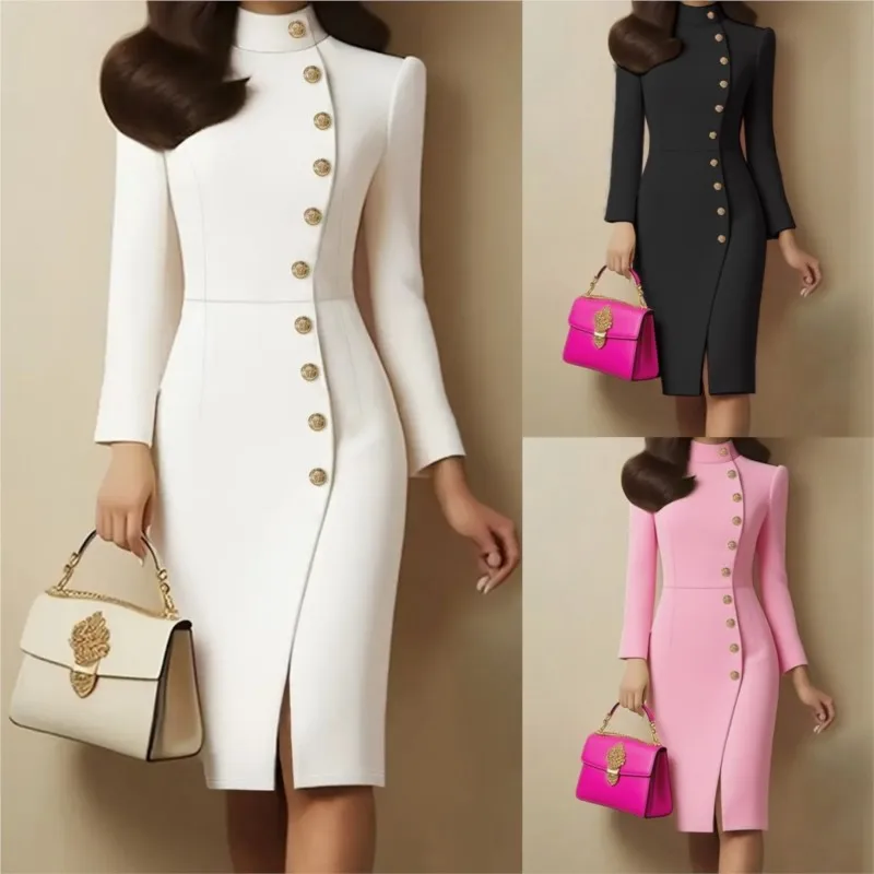 فساتين ركاب أنيقة للنساء أزياء الخريف أبيض أسود الوقوف طوق سليم مشبك معدني كم طويل سبليت فستان كاجوال #3