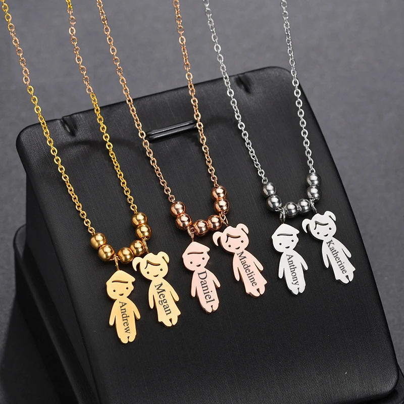 2024 Personalized Boy Girl Name Necklace Stainless Steel Custom Engrave ID Date Pendant Beads Neckalces Children Family Gift