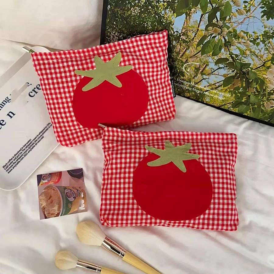 ute red Checkered Tomato Cosmetic Bag Large Capacity Portable Handheld Wash Bag Simple Versatile Makeup Storage Bag image 3