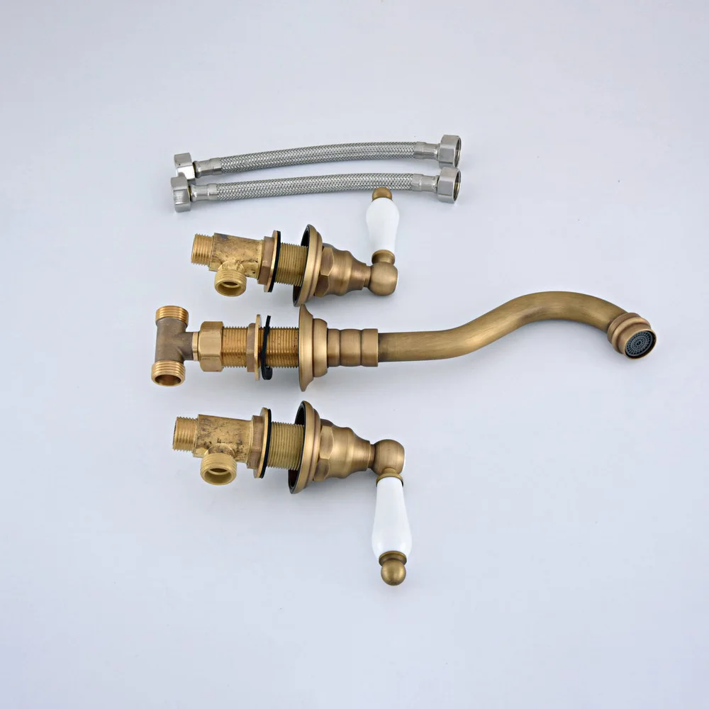 Retro Vintage Antique Brass Two Handle Wall Mount 3 Hole Widespread Bathroom Lavatory Vessel Basin Faucet Sink Mixer Tap dsf532