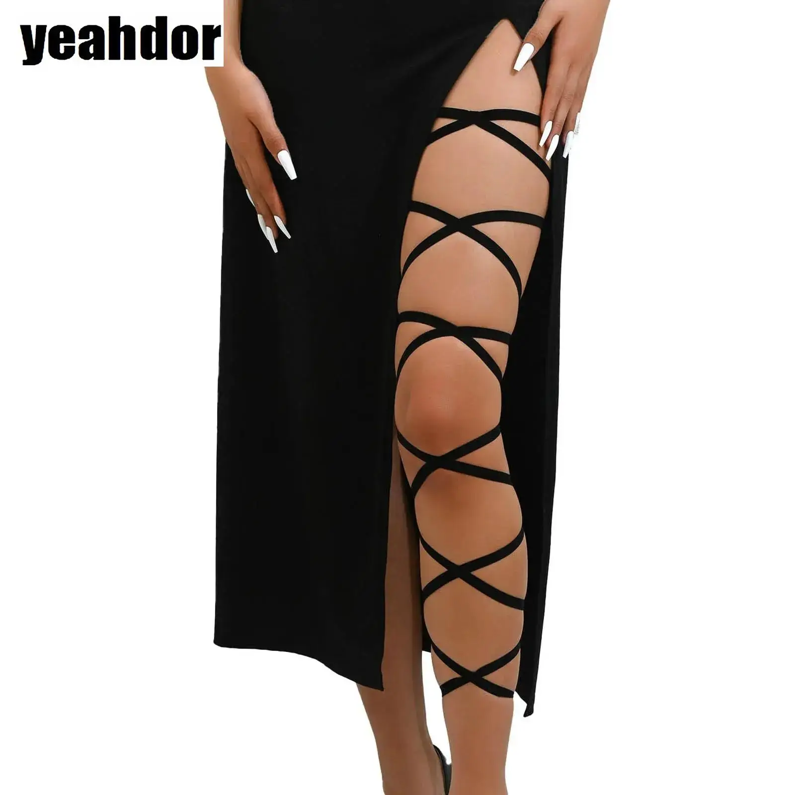 

2Pcs Women Leg Wraps Gart Fashionable Solid Color Stretchy Lengthen Adjustable Thigh Belt for Club Party Festival Photography