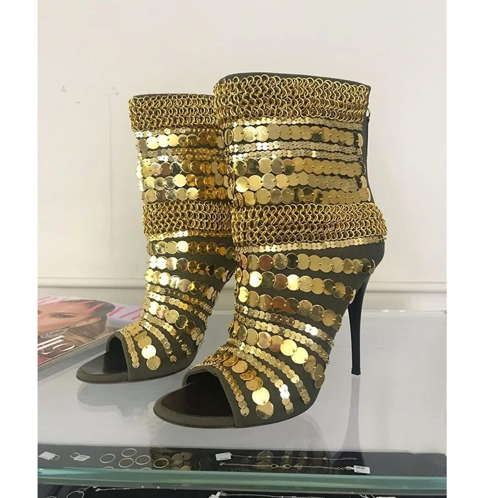 

Gold Metal Chain Sequin Decor Pumps Peep Toe Stiletto High Heel Back Zipper Sexy Women Shoes 2026 Runway Zapatos Para Mujere