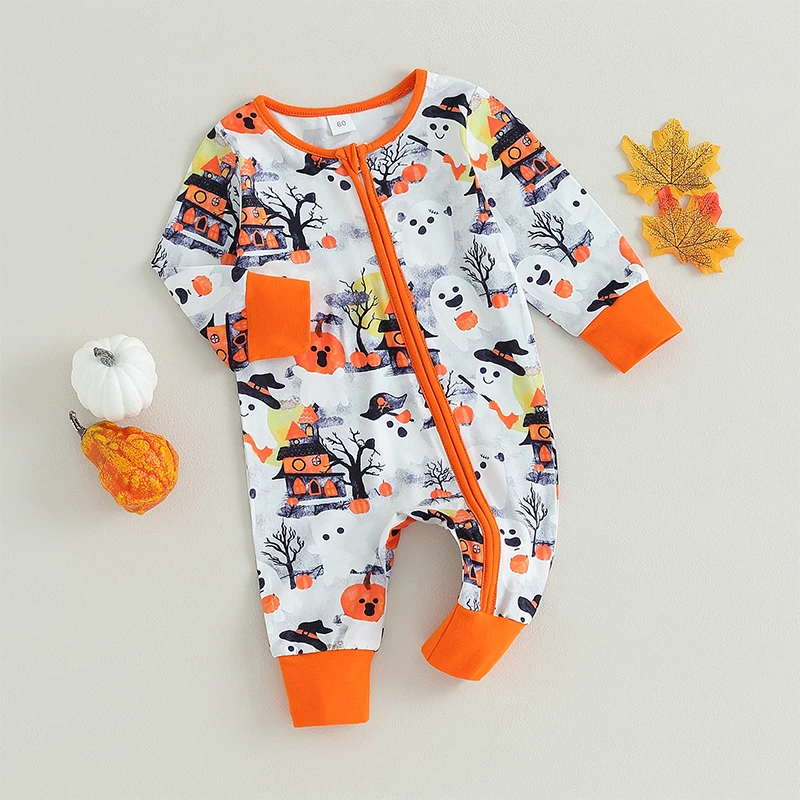 Toddler Girls Cute Crewneck Jumpsuit with Long Sleeves and Adorable Ghost Pumpkin Print Featuring a Stylish Oblique Zipper for