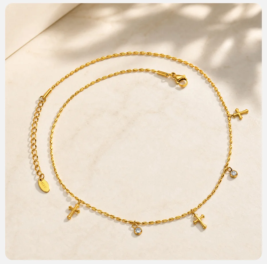 Vnox Schickes Zirkonia-Kreuz-Charm-Armband für Frauen, Edelstahl, vergoldet, mit olivfarbenen Perlen, religiöser Gebetsschmuck. – Detail 12