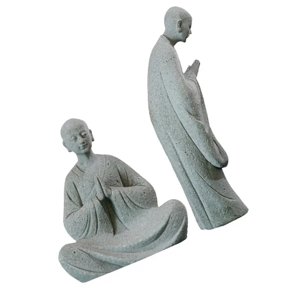 

2 Pcs Wishing Monk Ornaments Stone Statues Zen Decor Gray Standing Sitting Monks Garden Decoration Mini Figurines
