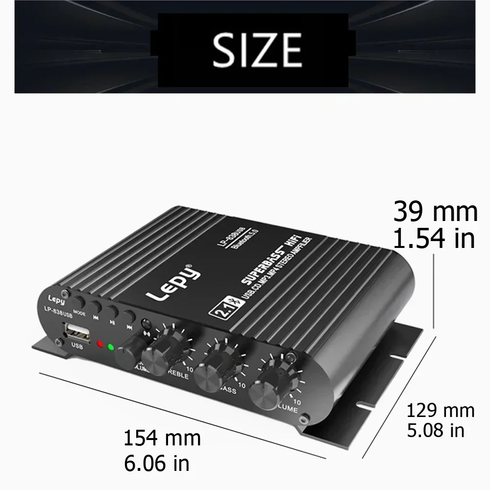 Lepy 838 Bluetooth 5.0 Versterker Subwoofer Hifi 2.1 Ch 12V Auto Home Amp Usb Drive Lossless Muziek Geschikt Voor 4-8 Ohm Speake