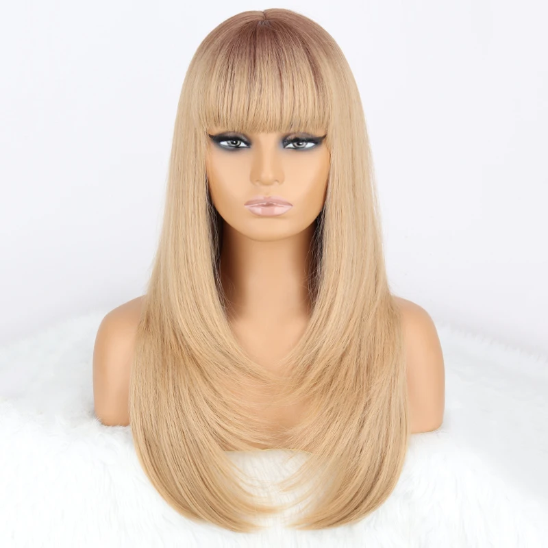 WERD Synthetic Long Straight Wig With Bangs For Women Heat Resistant Fiber Wigs Blonde Natural Hair Cosplay Daily Party Wigs