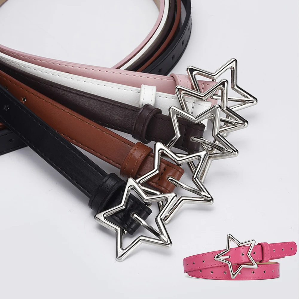 Kids Pentagram PU Leather  Waistband Children Adjustable Metal Star Buckle Holes Belt Girls Solid Color Jeans Waist Strap