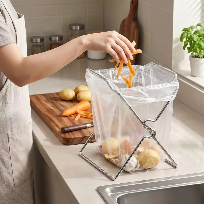 Collapsible Stainless Steel Garbage Bag Holder, Kitchen Countertop Trash Bag Support Rack, Portable Storage Organizer Stand