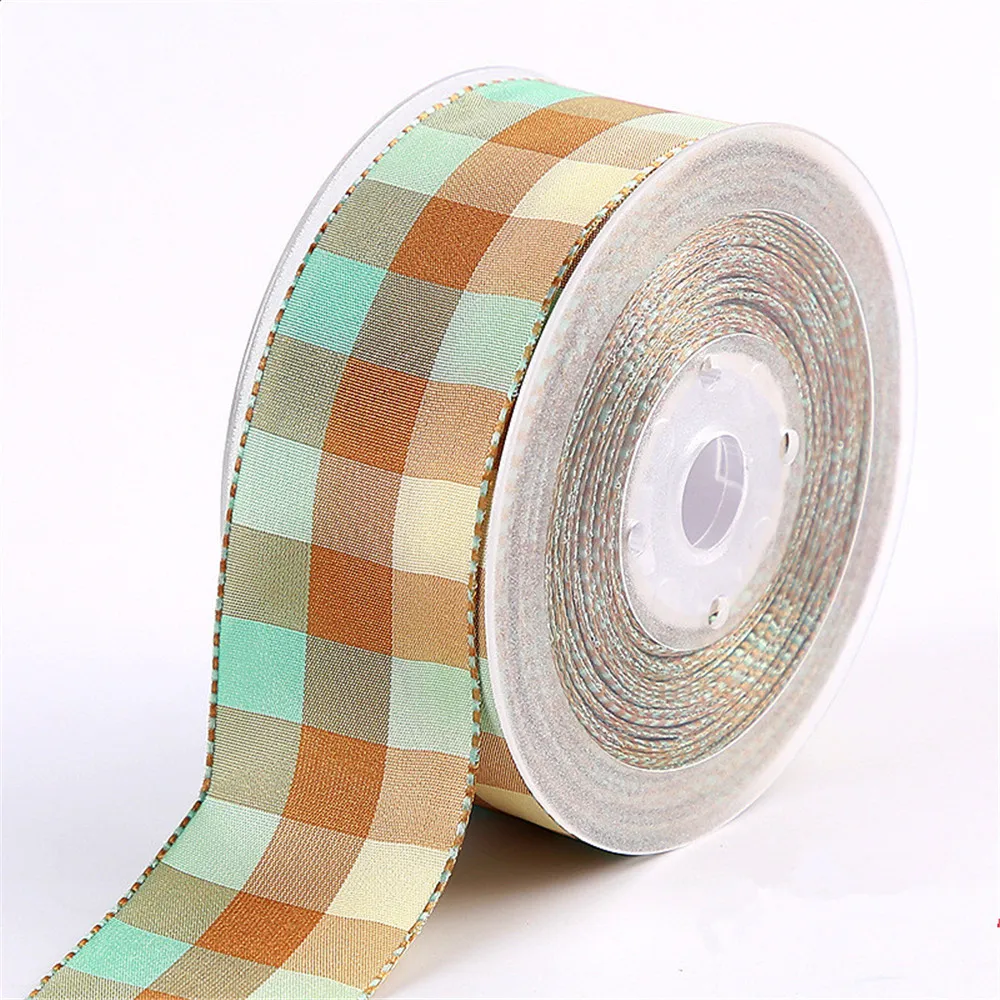 

38mm 25Yards Blue Coffee Check Plaid Ribbon Wired Edge for Birthday Christmas Gift Box Wrapping Decoration DIY1-1/2"N1148