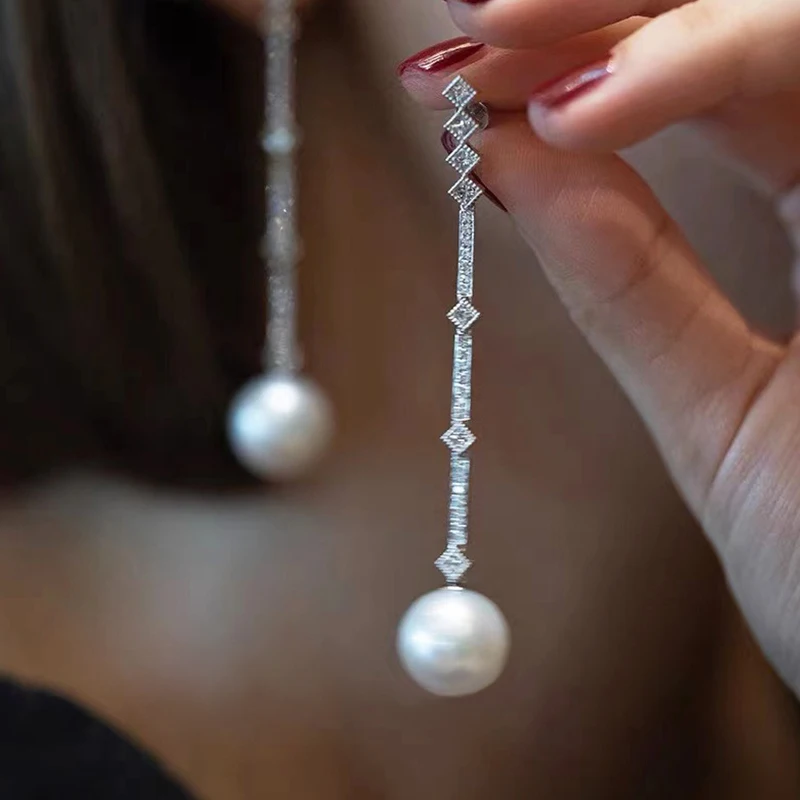 Uilz Long Crystal Tassel Imitation Pearl Dangle Earrings For Women Silver Color Wedding Earing Unique Design Jewelry Gifts