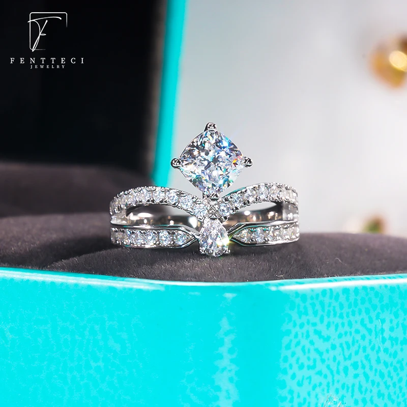 FENTTECI 925 Sterling Silver Platinum Plated Moissanite Crown Ring Micro-set Water Drop Luxury Jewelry for Women Wedding Gift