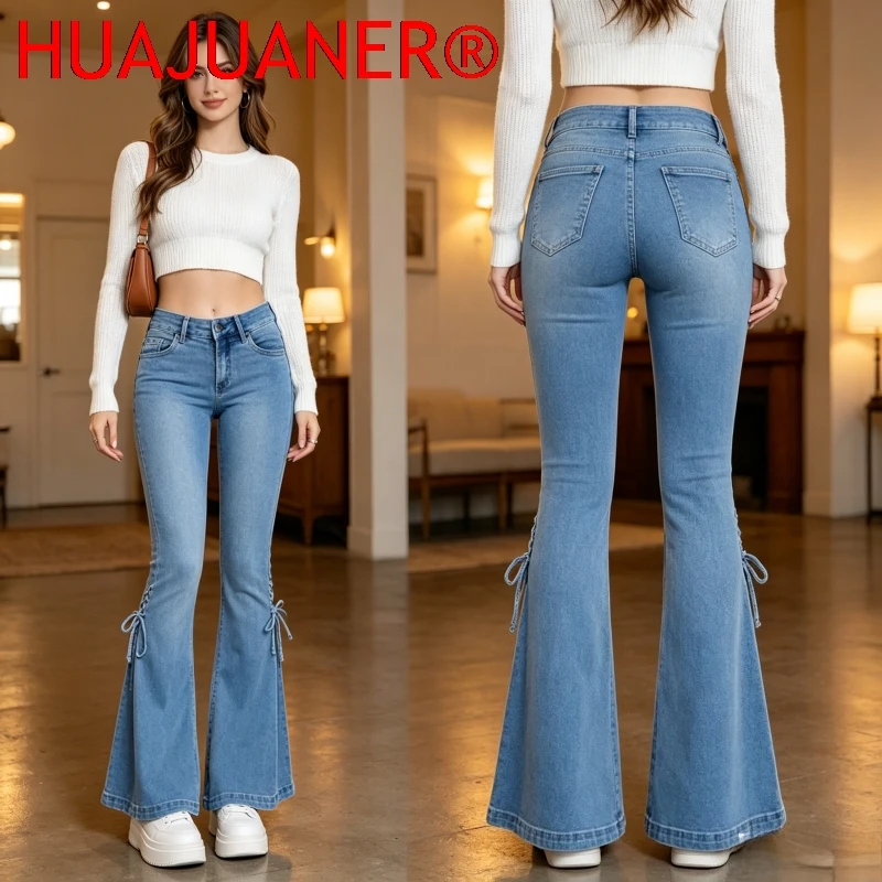 

Denim Flare Pants Lace Up Jeans 2026 summer Women Washed Trousers Mid Waist Pockets Streetwear Female Vintage Slim Denims
