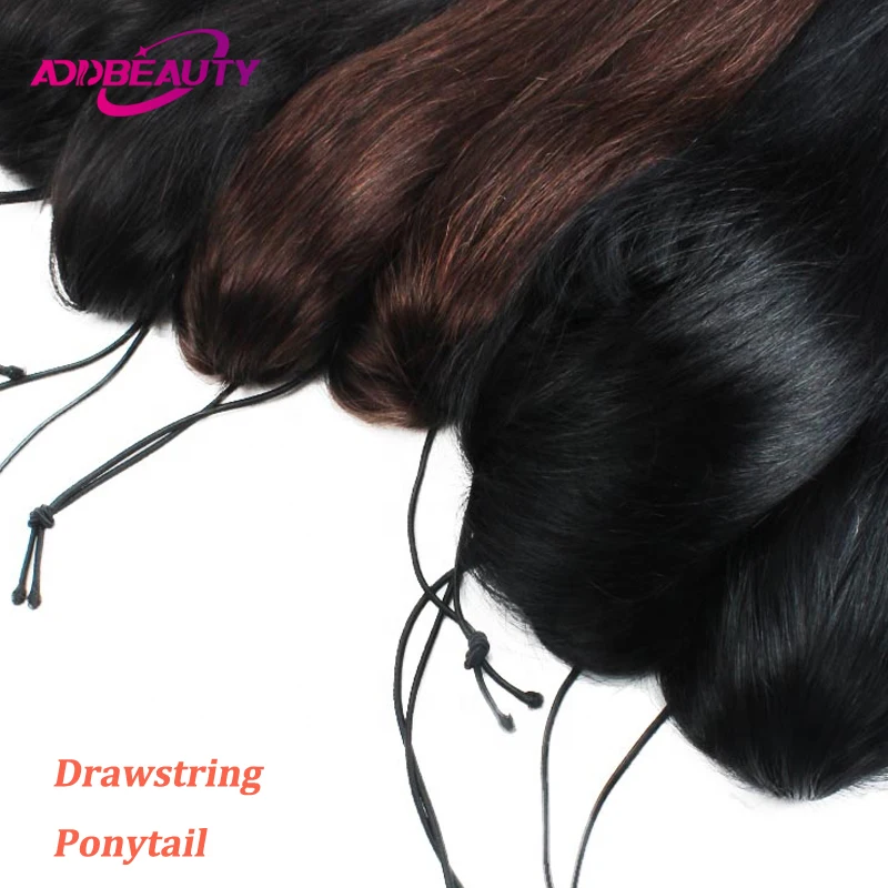 Straight Ponytail Human Hair 100% Real Human Hairpiece Clips in Drawstring Ponytail for Women Wrapped Around Horsetail Natural