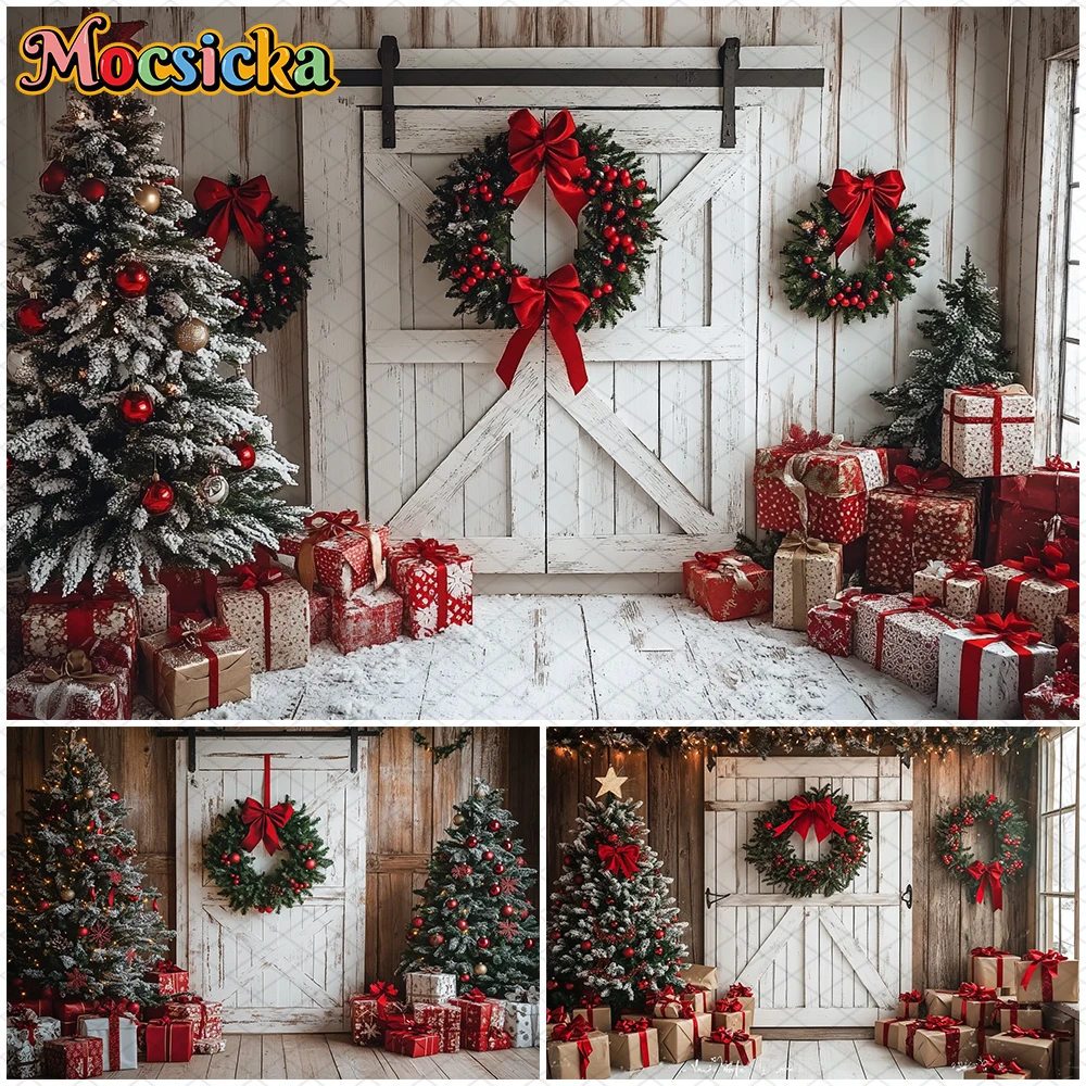 

Mocsicka Christmas Door Background Photography Home Mas Tree Wreath Decoration Party Child Adult Photo Backdrop Studio Wallpaper