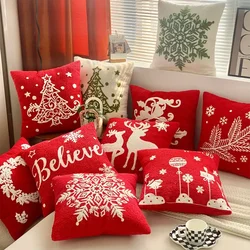 Christmas and New Year Plush Cushion Cover Red Teddy Velvet Embroidered Pillowcase Festive Joyful Home Pillow Covers Decorative