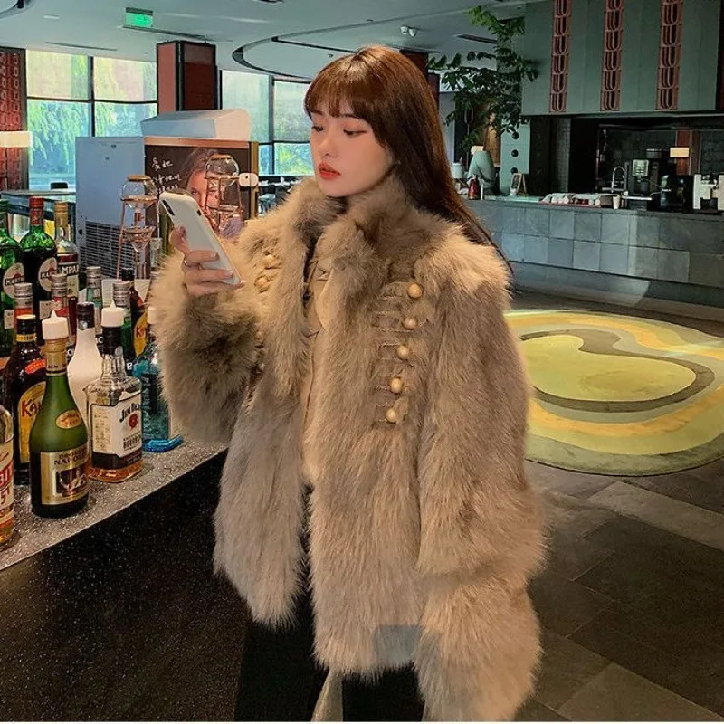 2023 Autumn Winter New Women Imitation Fox Fur Fur Coat Loose Stand Collar Short Outwear Temperament Keep Warm Casual Outcoat