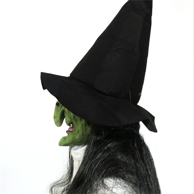 Green Witch Mask Halloween Latex Wizard Mask with Black Wigs Hat Scary Old Witch Head Mask Long Hair Mask for Costumes