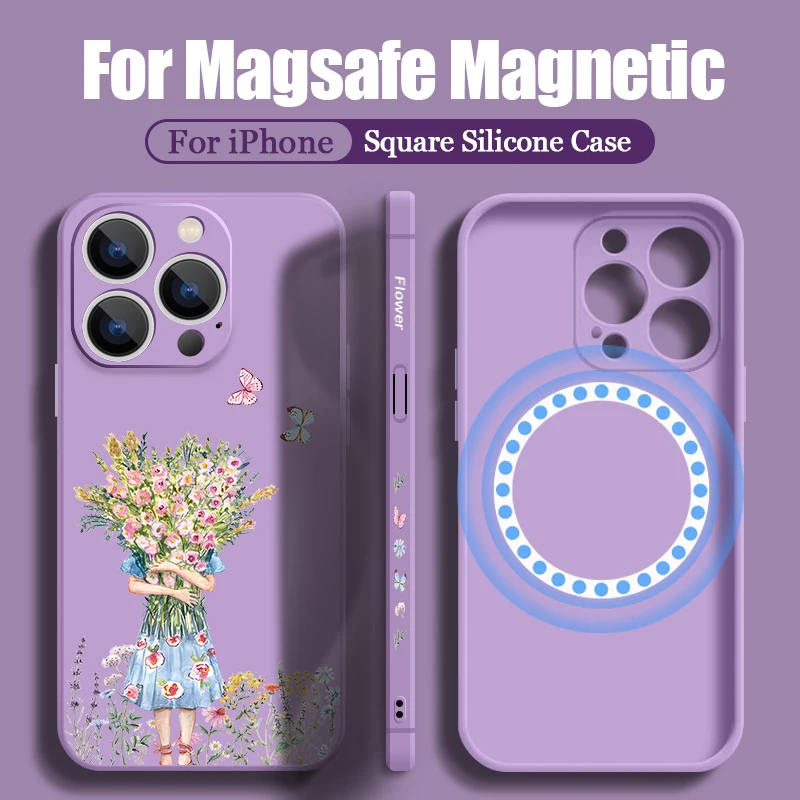 Coque magnétique Girl Arrage Flowers pour iPhone, iPhone 15 Pro Max 11 12 13 14 Pro Max, Magsafe, plaque métallique intégrée, housse de lanière