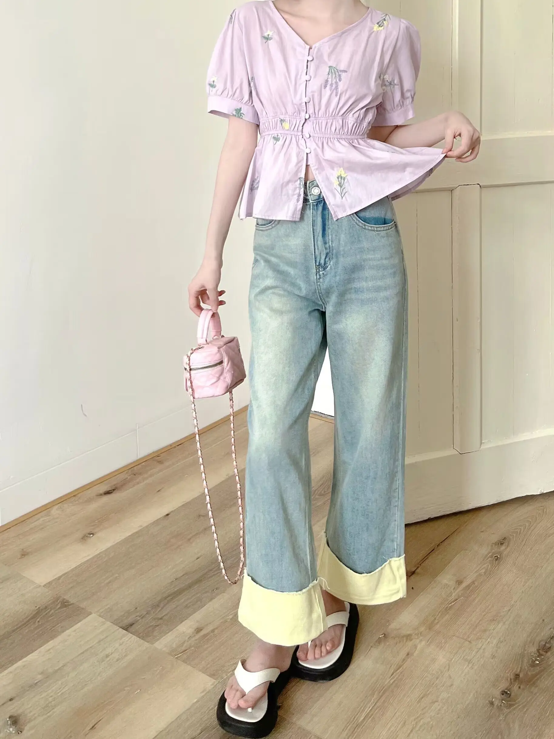 

Women's Straight Leg Jeans High Waist Waed Light Color Nine Points Loose Cuff Summer Faion Sensation Pants