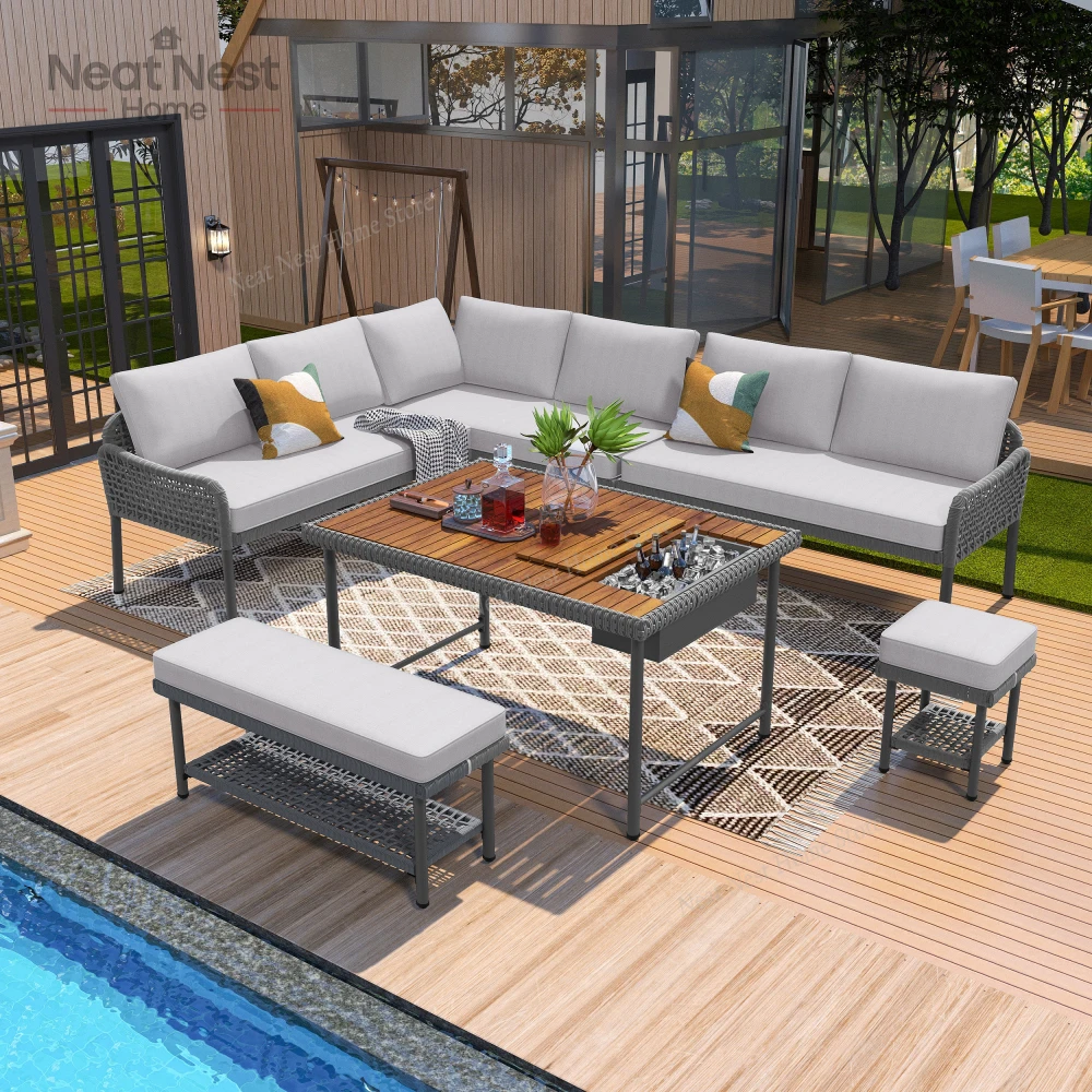 

6-Piece Rope Patio Furniture L-Shaped Set, Outdoor Sectional Sofa Set with Acacia Wood Table with Ice Box, patio furniture chair
