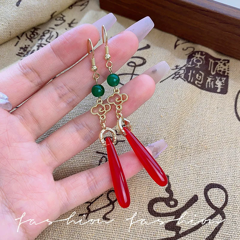 Ethnic Style Auspicious Clouds Earrings for female Ancient style long Delicate tassel Ear Clip Red water drop pendant ear Hook