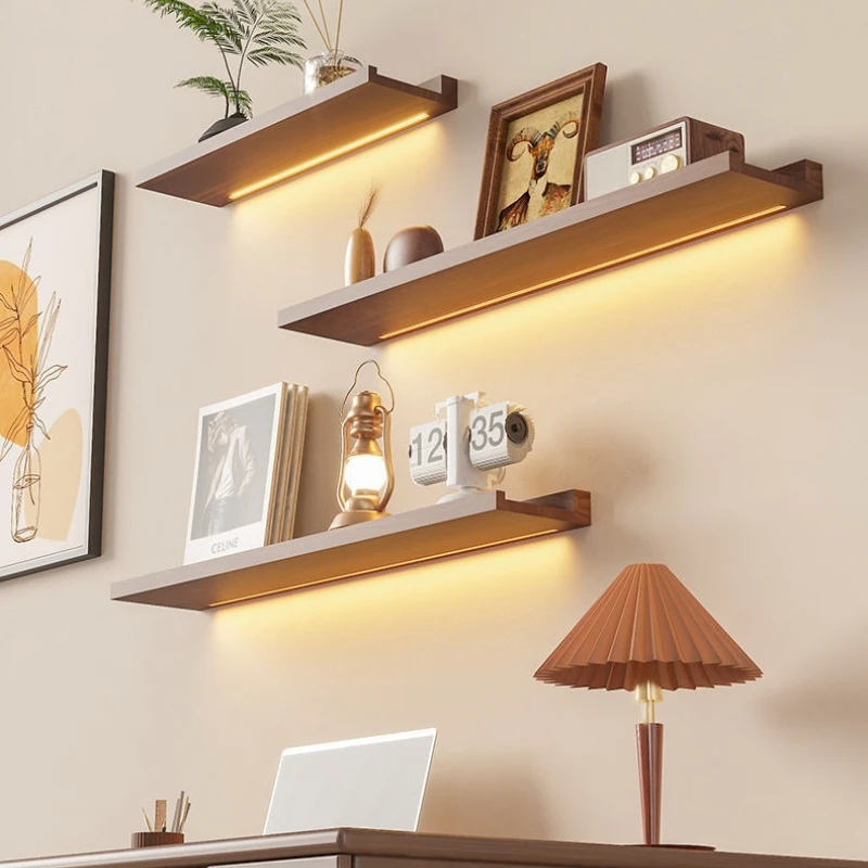 رف تخزين الإضاءة الخشبي الصلب، قسم خشبي مثبت على الحائط، رف مستقيم مضيء مثبت على الحائط، رف كتب إبداعي جديد #2