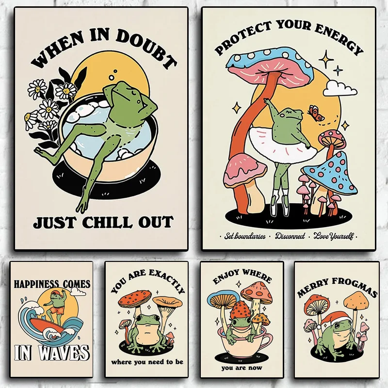 

Funny Mushroom Poster You Are Exactly Retro 70s Groovy Hippie Ball Dancing Frogs Canvas Painting Wall Art Pictures Home Decor