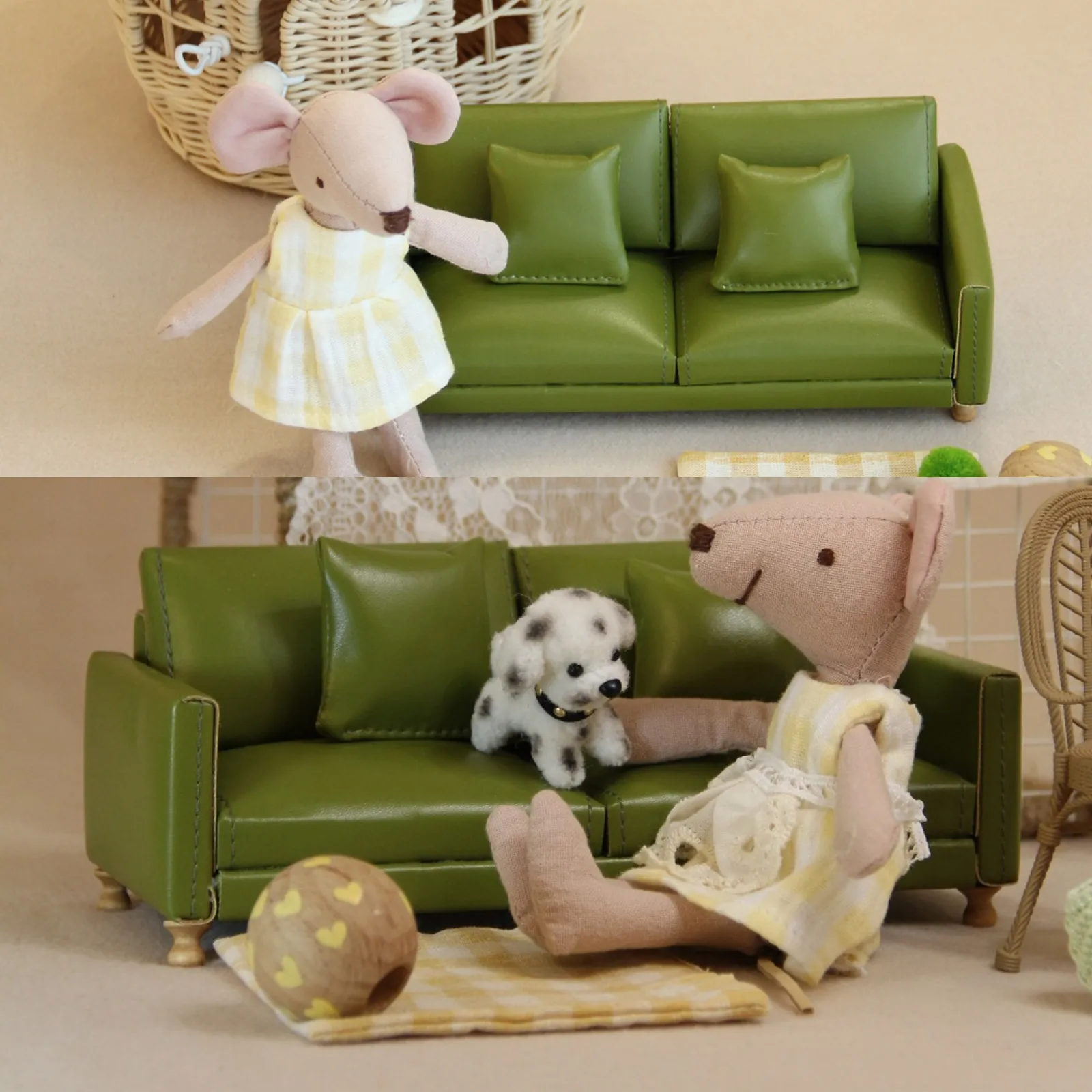 Meubles miniatures pour maison de poupée 8-12cm, housse de canapé Double en cuir, décor de scène modèle pour bricolage artisanat Mini affichage