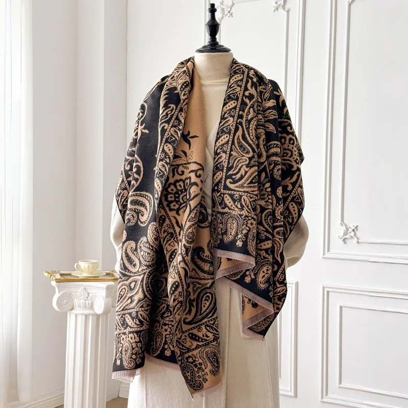 

Ethnic style scarf for women, winter high-end mid-length printed shawl, warm and cold-proof faux cashmere neck wrap