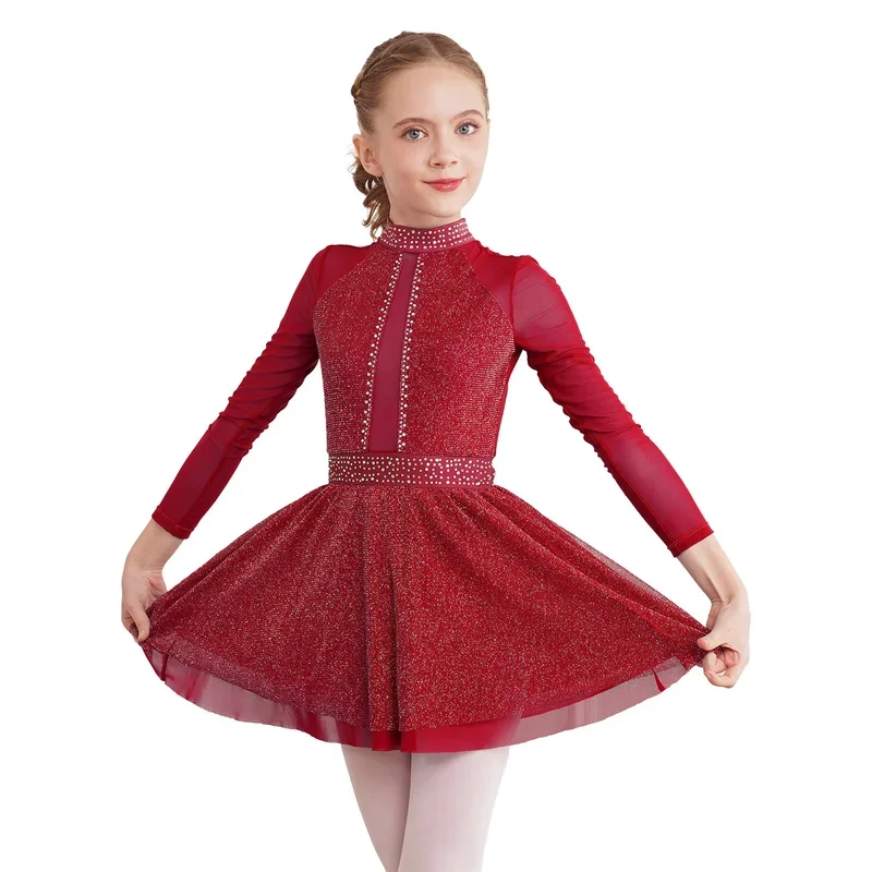 Kids Girls Ballet Lyrical Dance Dress Figure Ice Skating Performance Costume Long Sleeve Shiny Mesh Gymnastics Leotard Dancewear