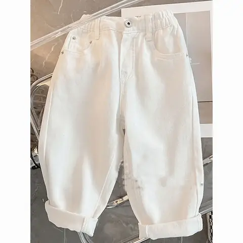 Unisex Kids White Jeans 2025 New Korean Children's Trousers Spring Autumn Versatile Fashion Pants for Boys Girls 1-10 Years