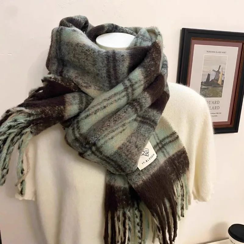 Practical 2024 Advanced Sense Hot Sell Mint Green Coffee Color Checked Scarf Winter New Mohair Warm Bib Shawls