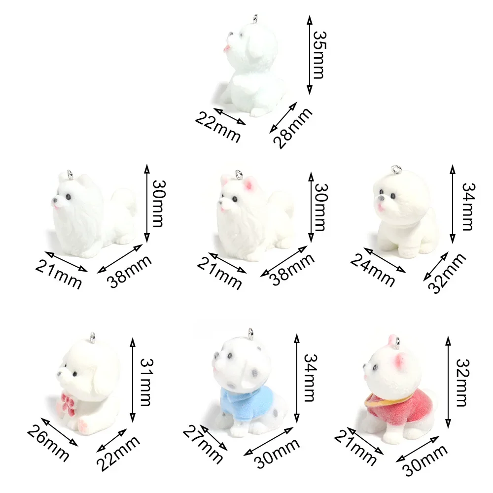 20Pcs 3D Cute Flocking Dog Charms Cartoon Animal Plush Resin Pendant For Phone Keychain Necklace Earring Bag DlY Jewelry Make