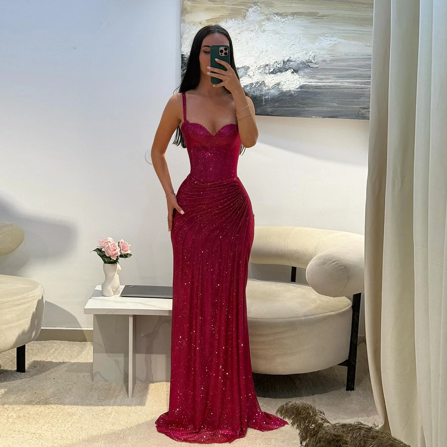 

Sparkly Burgundy Mermaid Prom Dress Long Spaghetti Staps Formal Women Evening Wedding Party Gowns Customized