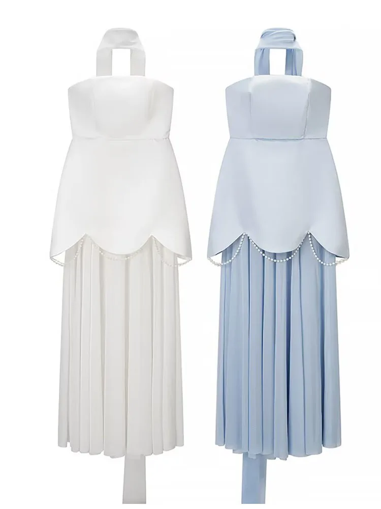 Sukienka damska letnia, prosta, bez ramiączek, z siateczkowymi wstawkami, długa, na wesele, elegancka, seksowna, na bankiet, bez rękawów.