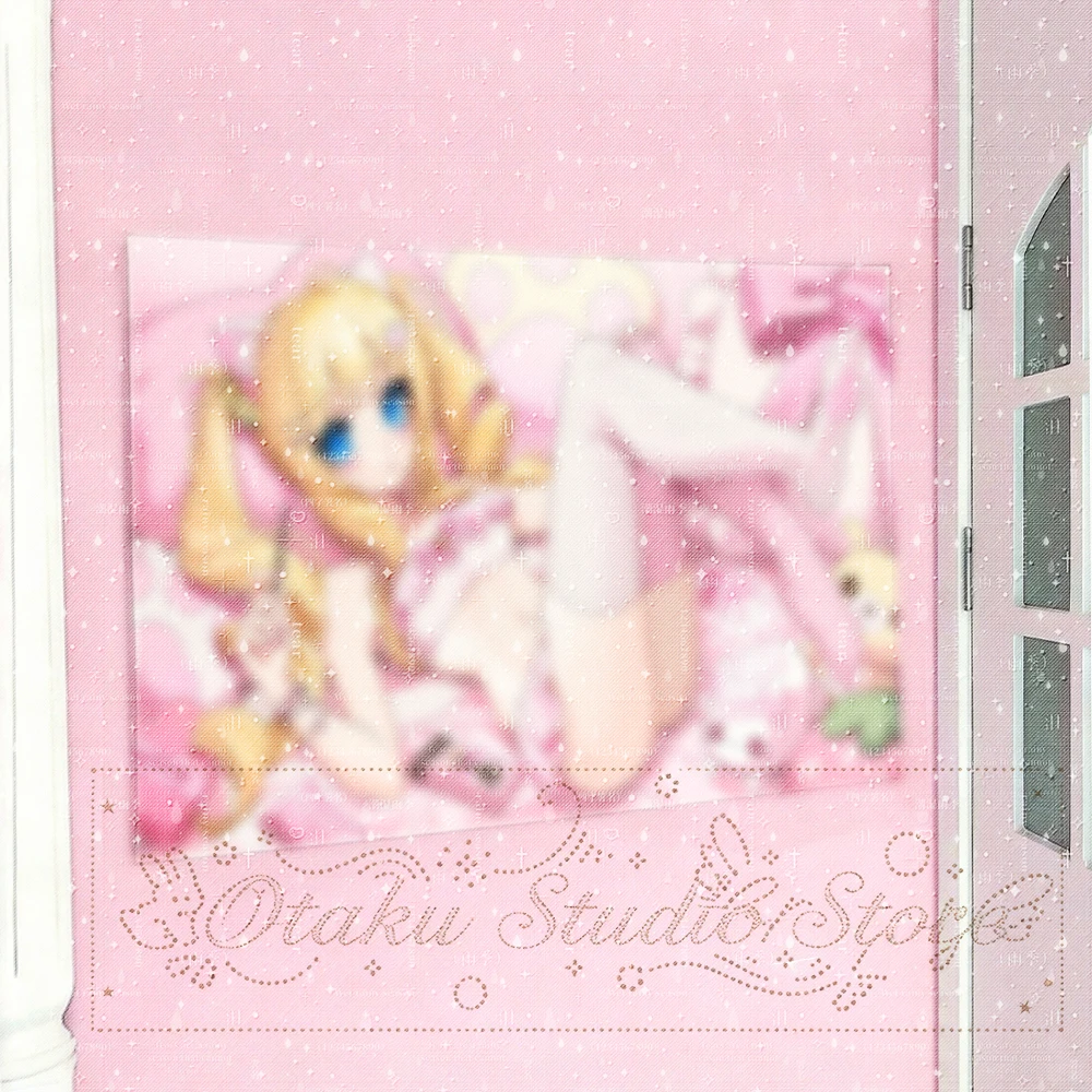 ねや Sweet Neko Girl Anime Tapestry, Blonde Curly Twin Tail Cat Ear Girl Lying On Pink Soft Pillow, Bedroom With Plush Doll And Sn
