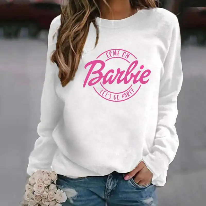 Barbie Cotton Women\'s Summer Spring Long Sleeve T-Shirt Top Cartoon 2024 New Barbie Printed Round Neck Sweatshirt Girls Gift